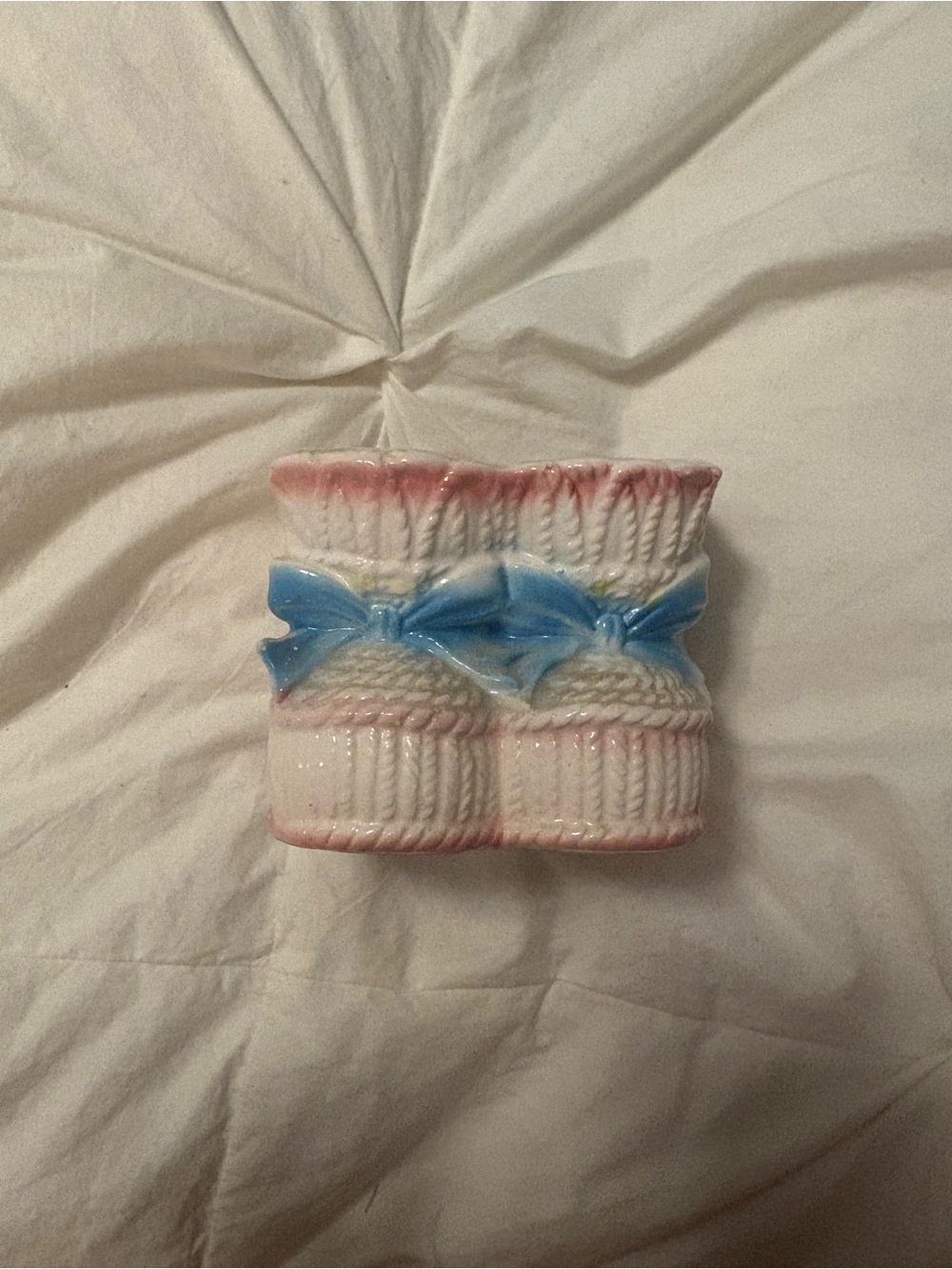 Vintage Hand-Painted Pink & Blue Ceramic Baby Booties Decorative Mittens